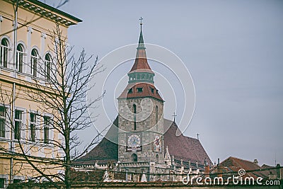 Brasov old city center, Romania â€“ the Black Church seen from Catherine's Gate Stock Photo